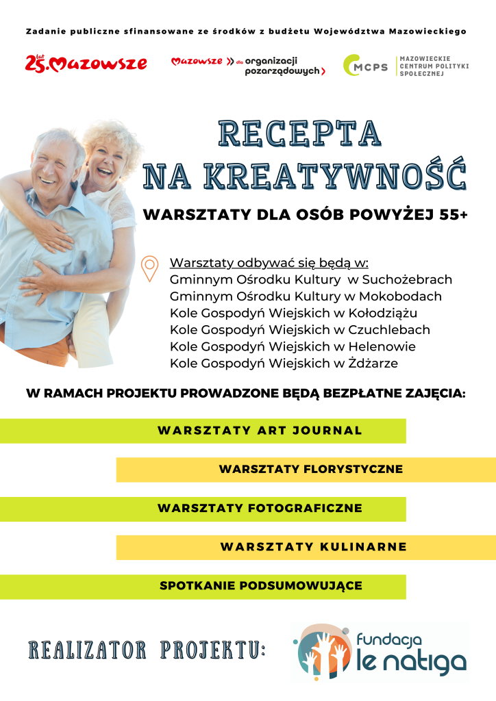 Grafika przedstawia dwójkę uśmiechniętych seniorów, a także napisy informujące o tytule zadania, warsztatach jakie się odbędą, miejscach realizacji projektu oraz  logotypy marki Mazowsza, mazowieckiego centrum polityki społecznej, fundacji le natiga.